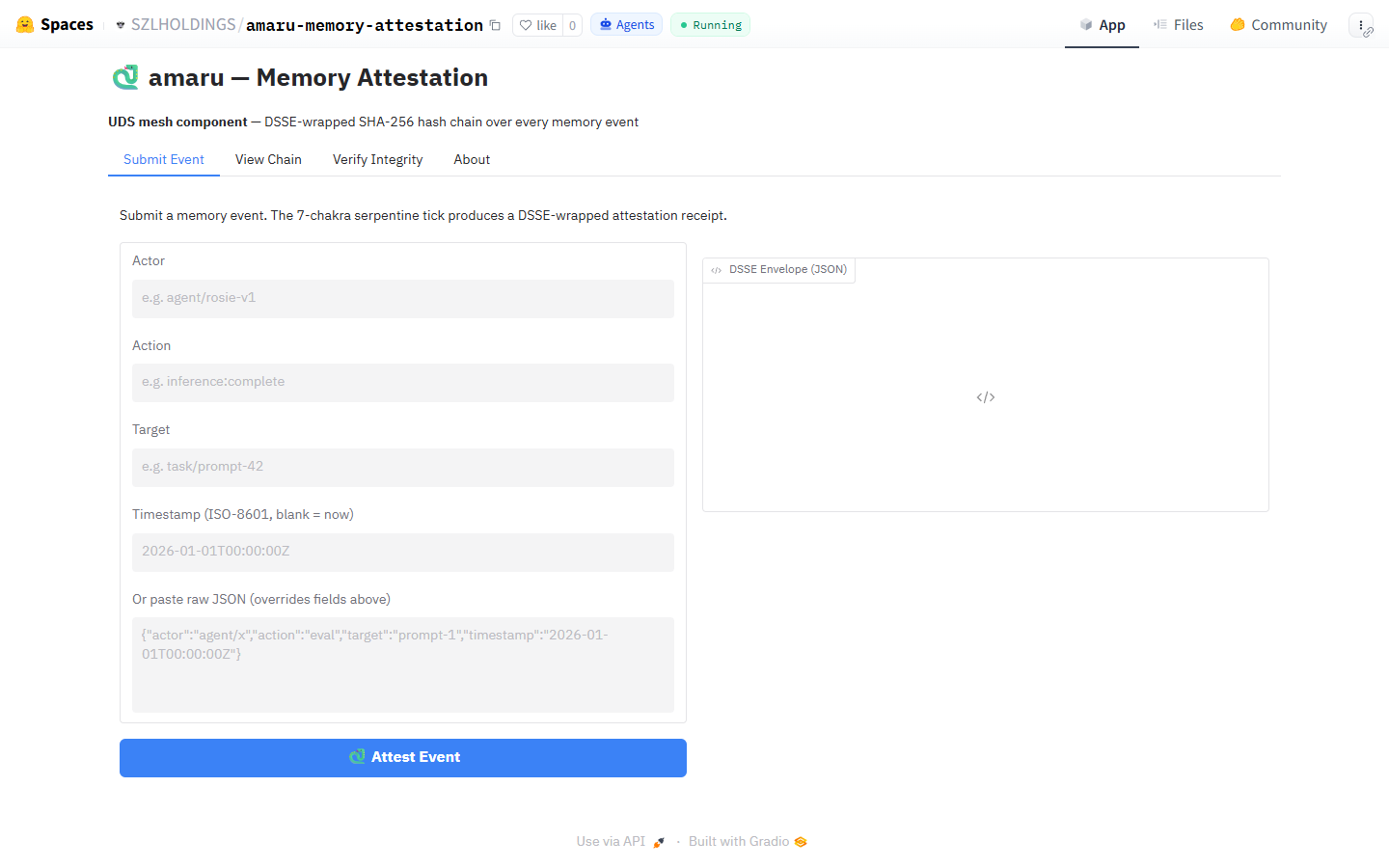 Screenshot of amaru-memory-attestation Space showing the receipt form and DSSE envelope panel